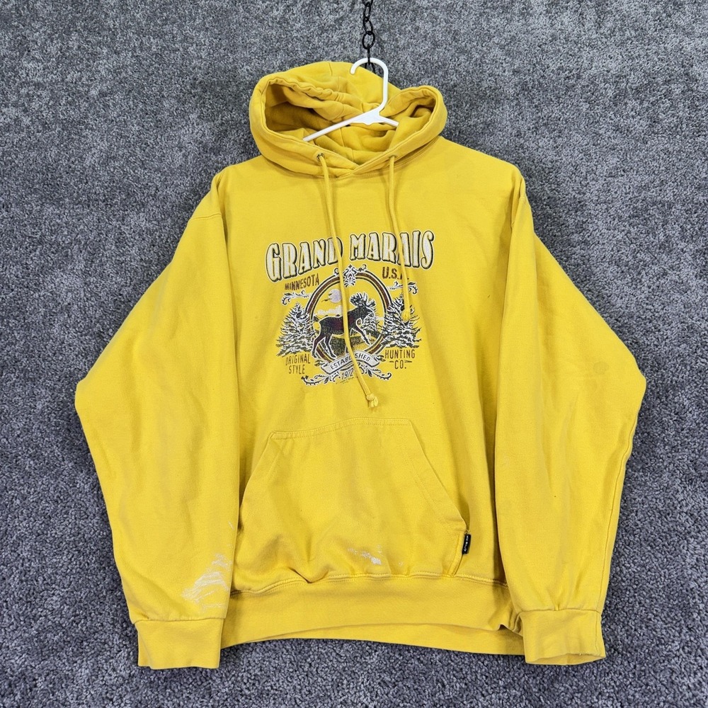 Exist Hoodie Mens Medium Yellow Fleece Pullover Grand Marais Graphic USA MN